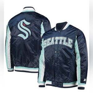 Seattle Kraken Starter Mens Navy The Ace Satin Varsity Jacket Snap Front L NWT